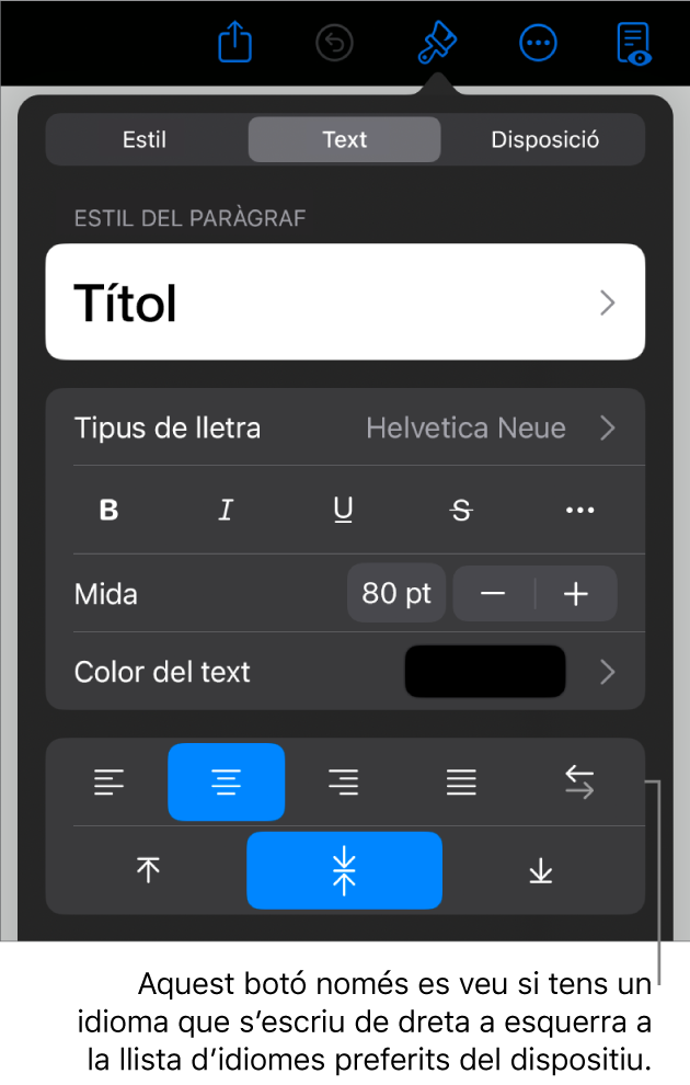 Controls de text del menú Format, amb una llegenda per al botó “D’esquerra a dreta”.