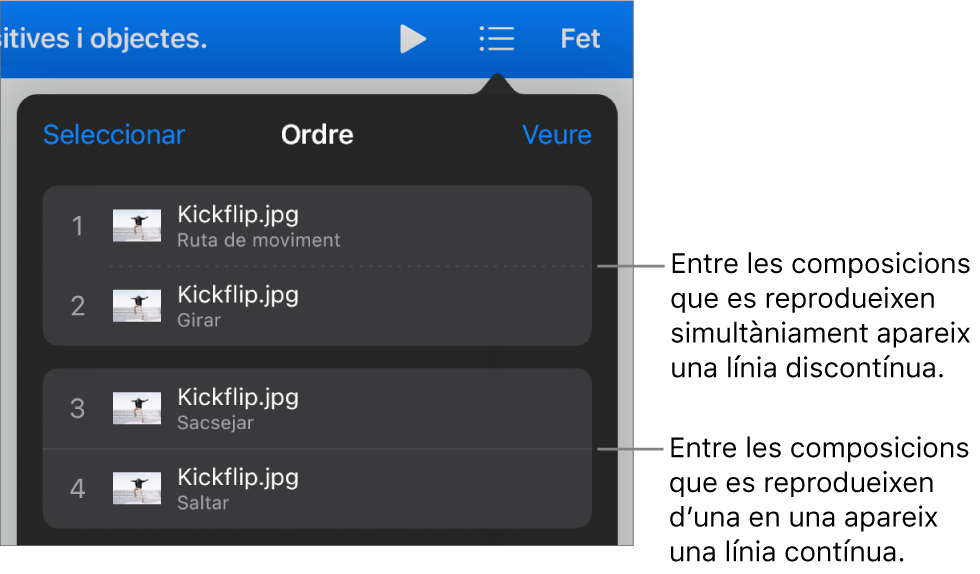 El menú “Ordre de la composició”, amb una línia de punts entre les composicions que es reprodueixen de manera simultània i una línia contínua entre les composicions que es reprodueixen una darrere l’altra.