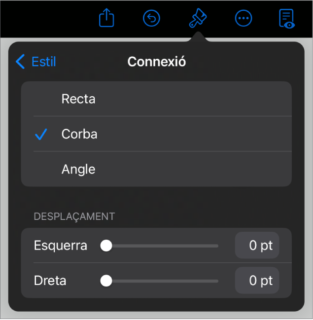 Els controls Connexió amb l’opció Corba seleccionada.