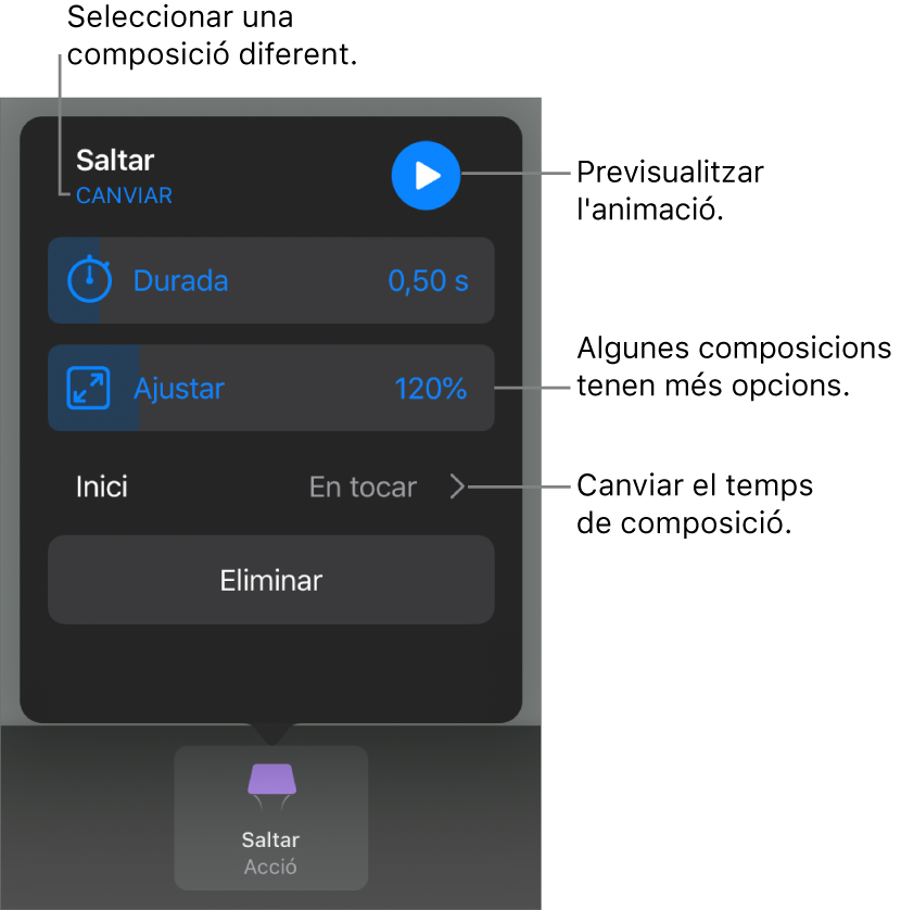 Les composicions d’entrada tenen les opcions Durada i “Temporització d’inici”. Toca Canviar per seleccionar una entrada diferent, o toca Previsualitzar per previsualitzar la composició.