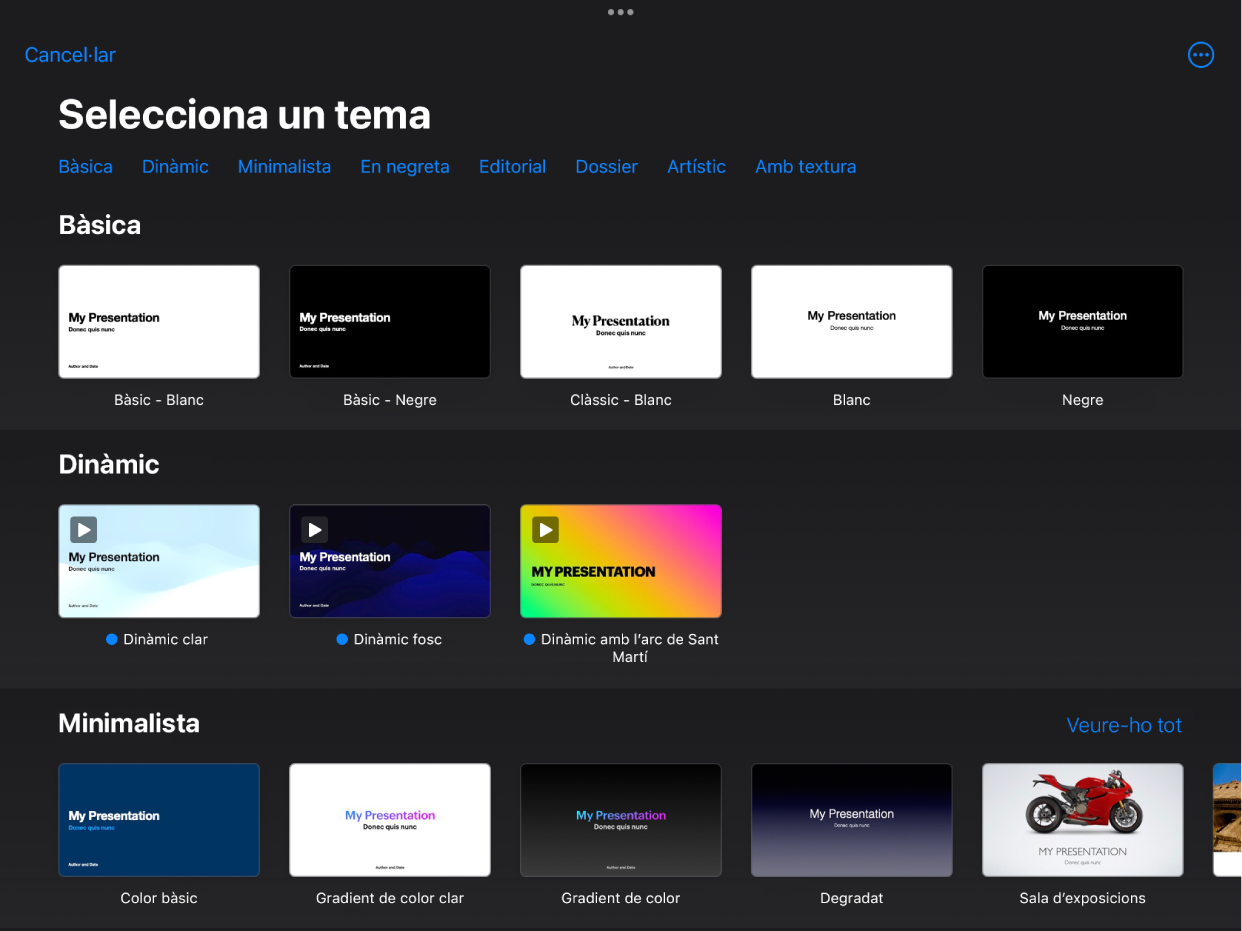 El selector de temes, amb una fila de categories a la part superior que pots tocar per filtrar les opcions. A sota hi ha miniatures de temes predissenyats ordenades en files per categoria.