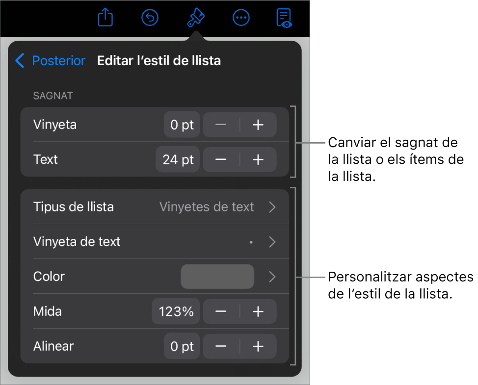 Menú “Editar l’estil de llista” amb controls per editar el tipus i l’aspecte de la llista.