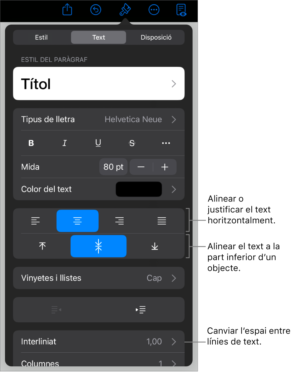 La secció Disposició, amb llegendes per als botons d’alineació i d’espaiat del text.