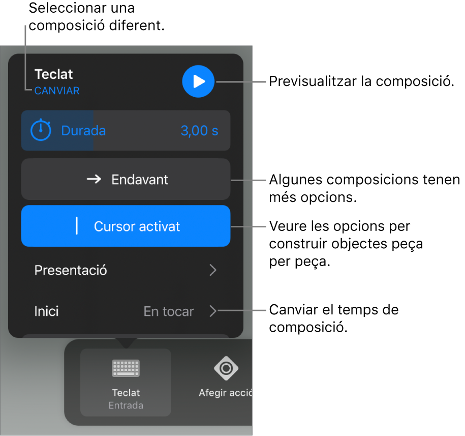 Les composicions d’entrada tenen les opcions Durada, Presentació i “Temporització d’inici”. Toca Canviar per seleccionar una entrada diferent, o toca Previsualitzar per previsualitzar la composició.