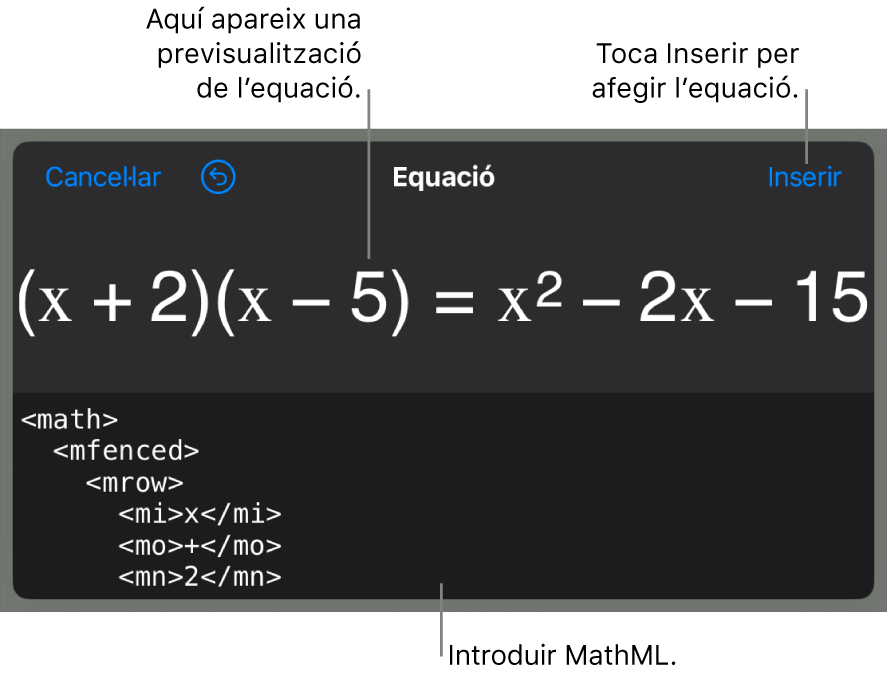 El quadre de diàleg Equació amb una equació escrita amb les ordres MathML i una previsualització de la fórmula al damunt.