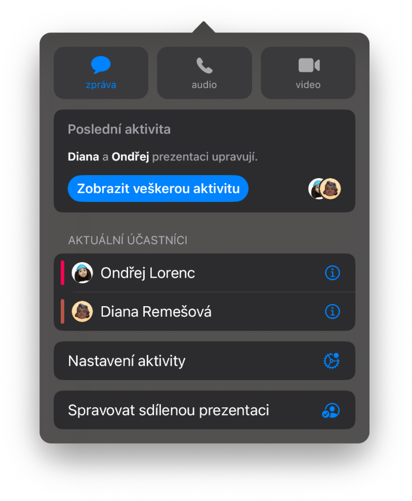 Nabídka spolupráce se zobrazenými jmény uživatelů, kteří na prezentaci spolupracují