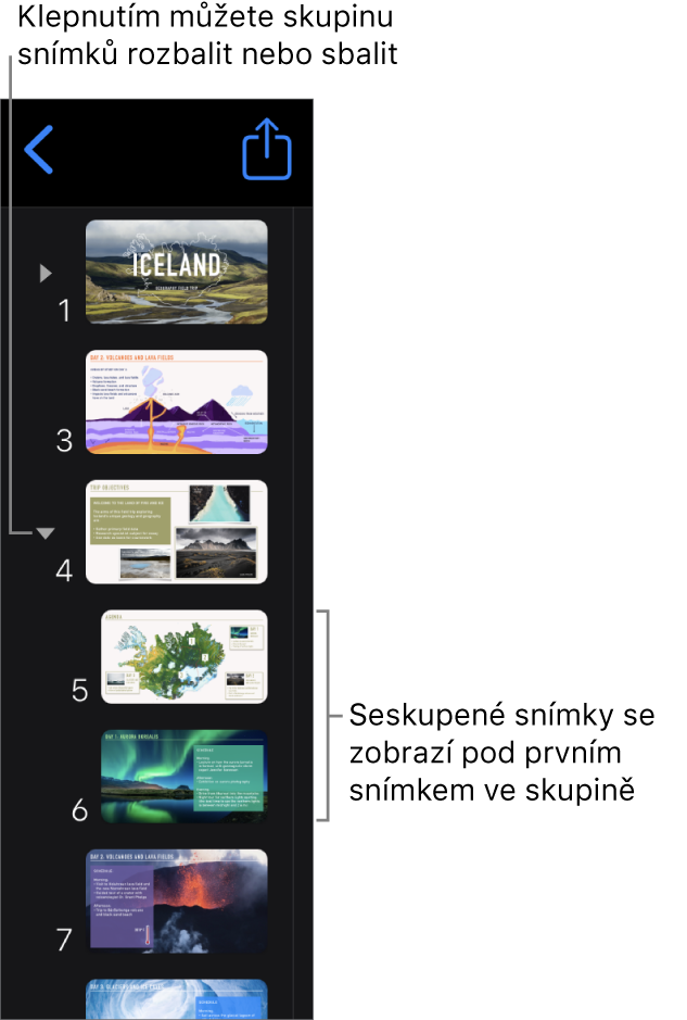Navigátor snímků s odsazenými snímky