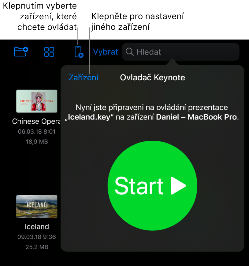 Překryvné okno „Spravovat zařízení“ zobrazující odkaz „Přidat zařízení“
