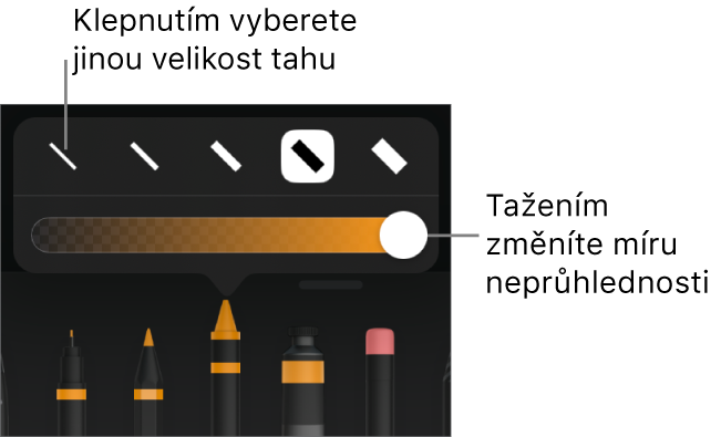 Ovládací prvky pro výběr velikosti tahu a jezdec pro úpravu neprůhlednosti.