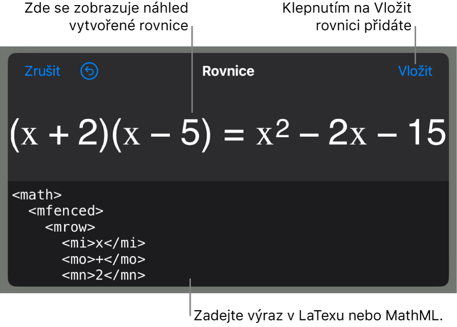 Dialogové okno Rovnice, v němž se zobrazuje zápis rovnice pomocí příkazů jazyka MathML a nad ním náhled výsledného vzorce