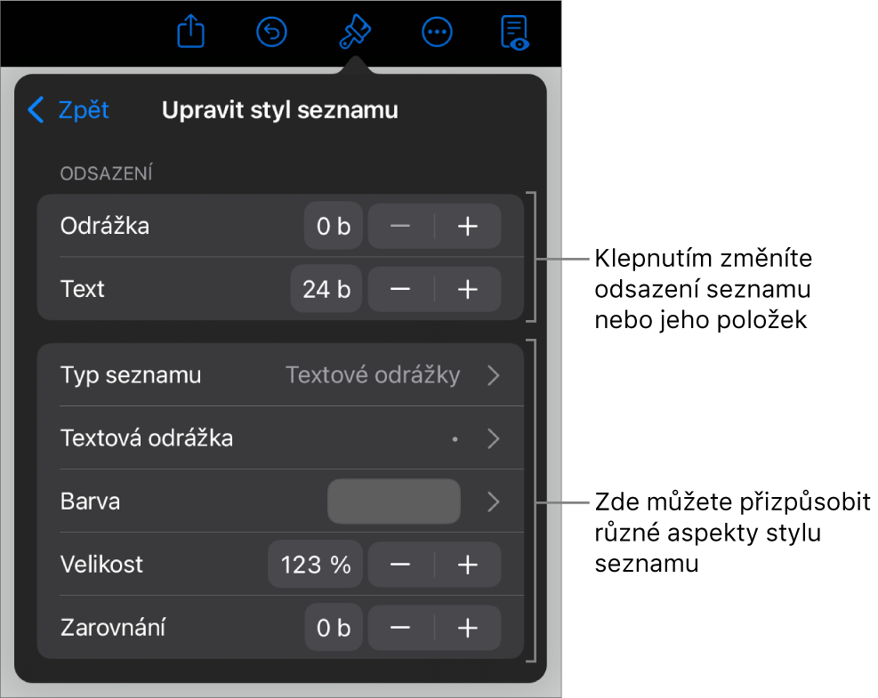 Nabídka „Upravit styl seznamu“ s ovládacími prvky pro úpravu typu a vzhledu seznamu