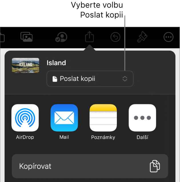 Nabídka sdílení, v níž je nahoře vybraná volba Poslat kopii