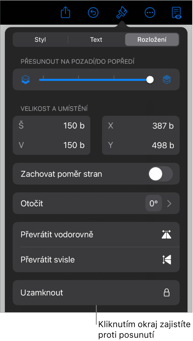 Ovládací prvky pro rozložení v nabídce Formát; vyznačeno je tlačítko Zamknout