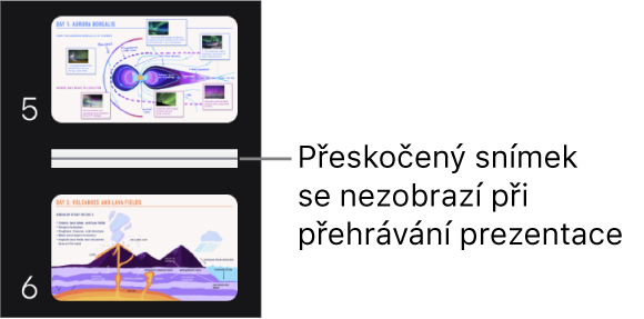 Navigátor snímků s přeskočeným snímkem znázorněným vodorovnou čárou