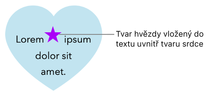 Hvězdicový tvar vložený do textu uvnitř srdcovitého tvaru