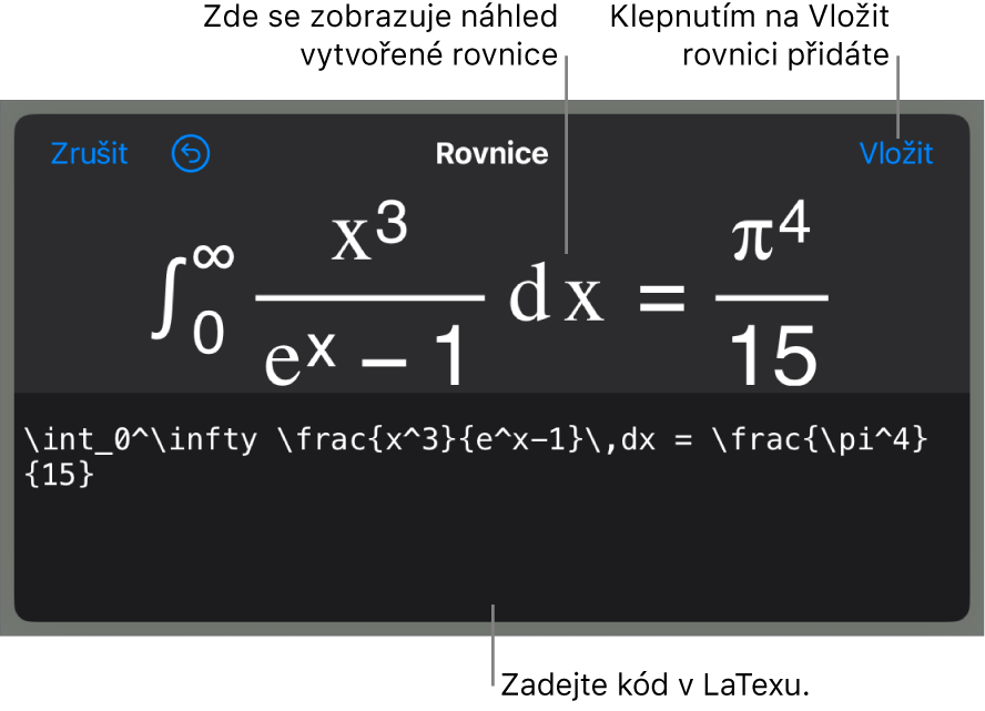Dialogové okno Rovnice, v němž se zobrazuje zápis rovnice pomocí příkazů LaTeXu a nad ním náhled výsledného vzorce