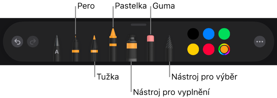 Panel nástrojů pro kreslení perem, tužkou, pastelem, nástrojem výplň, nástrojem pro výběr, gumou a výběrem barev zobrazujícím aktuální barvu