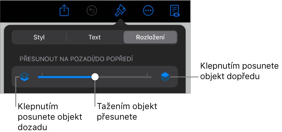 Tlačítko pro přesun vzad, tlačítko pro přesun vpřed a posuvník vrstev