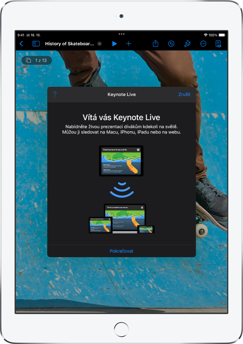 Okno představující „Keynote Live“ s tlačítkem Pokračovat dole