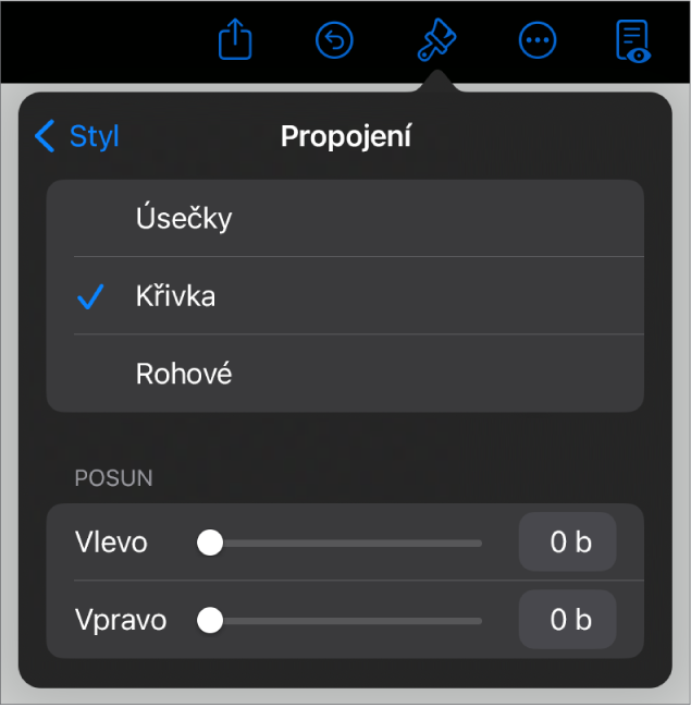Ovládací prvky Propojení s vybranou volbou Křivka.