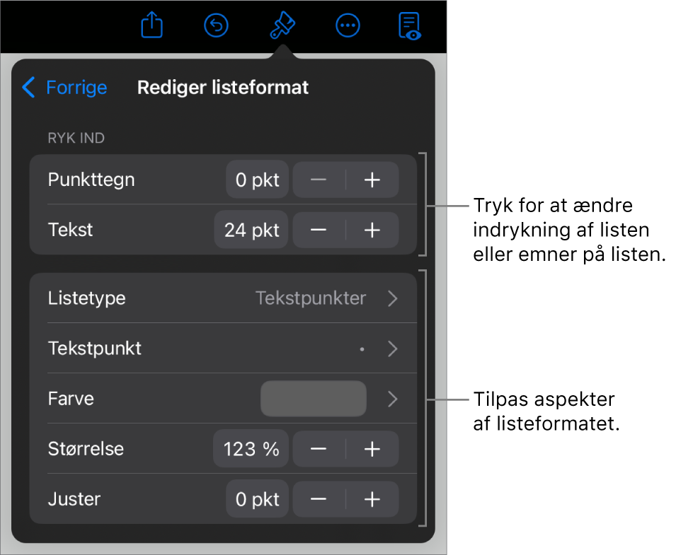 Menuen Rediger listeformat med betjeningsmuligheder til redigering af listens type og udseende.