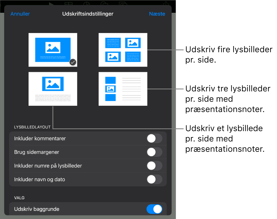 Indstillinger til layout af udskrivning.