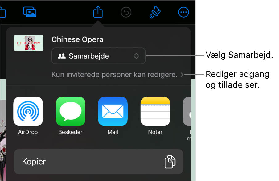 Menuen Del med Samarbejde valgt øverst og adgangs- samt tilladelsesindstillinger nedenunder.