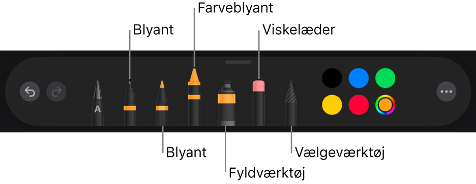 Værktøjslinjen til tegning med kuglepen, blyant, farveblyant, fyldværktøj, viskelæder, vælgeværktøj og felt, der viser den aktuelle farve.