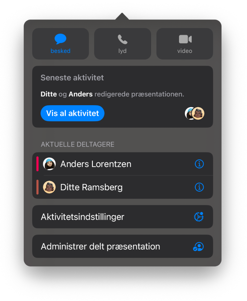 Samarbejdsmenuen, der viser navnene på de personer, der samarbejder om præsentationen.