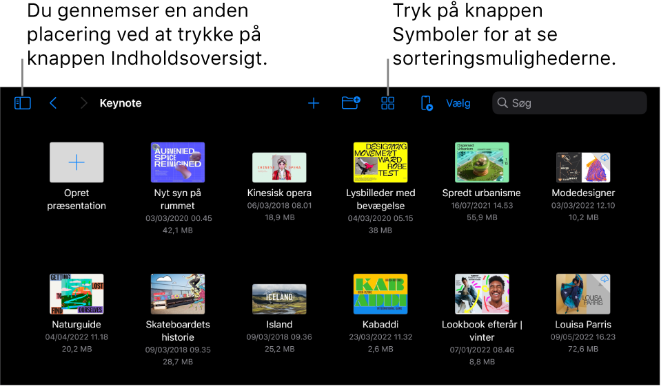 Gennemse er valgt i præsentationsadministrationen. Knappen Indholdsoversigt er i øverste venstre hjørne. Øverst til højre er knapperne Tilføj, Ny mappe og Symboler (som kan sorteres efter navn, dato, størrelse eller mærke), knappen Vælg og knappen Søg. Derunder er der miniaturer af eksisterende præsentationer.