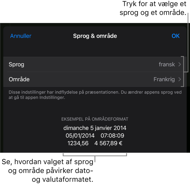 Vinduet Sprog & område med betjeningsmuligheder til sprog og område og et formateksempel, der viser dato, tid, decimaltegn og valuta.