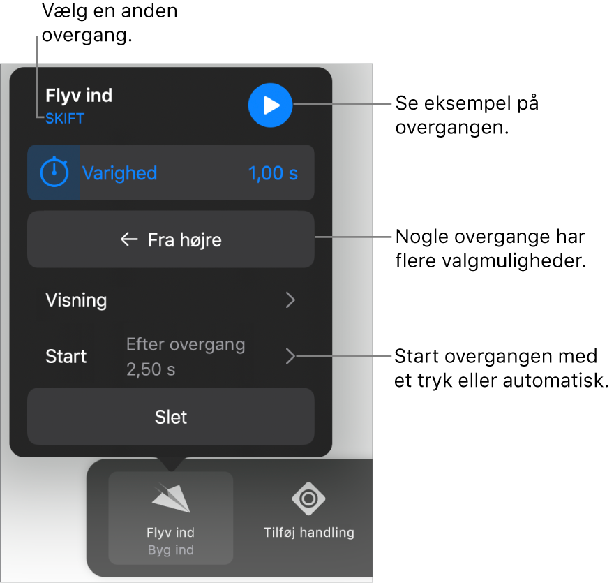 Betjeningsmuligheder til ændring af en overgang i vinduet Indstillinger.