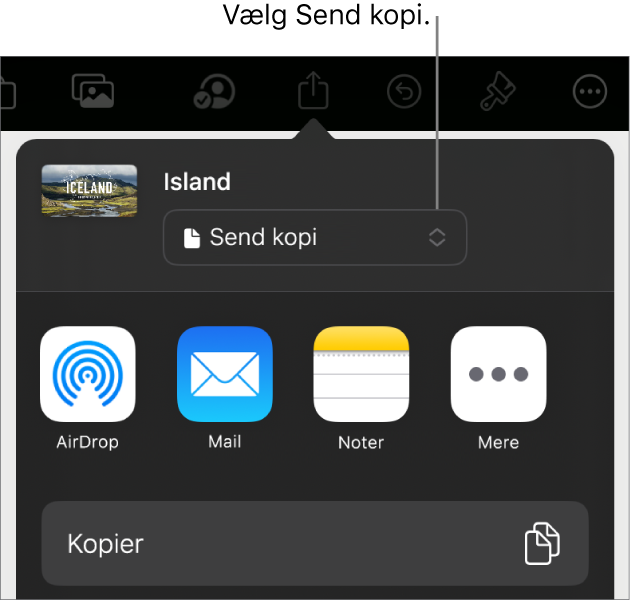 Menuen Del, hvor Send kopi er valgt øverst.
