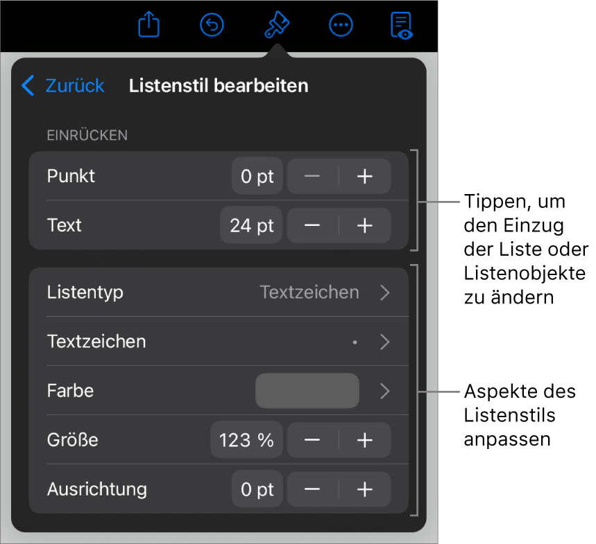Das Menü „Listenstil bearbeiten“ mit Steuerelementen zum Bearbeiten des Typs und Erscheinungsbilds der Liste.