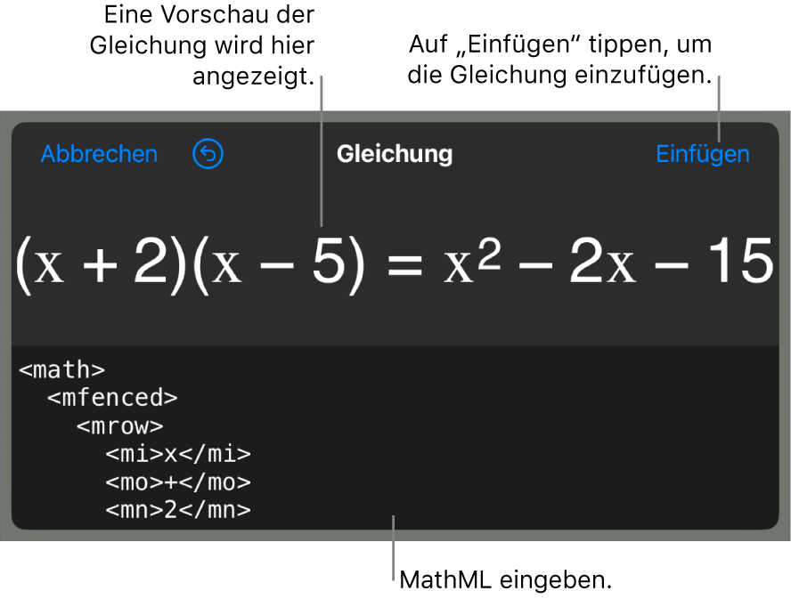 Im Dialogfenster „Gleichung“ wird eine Gleichung angezeigt, die mit MathML-Befehlen geschrieben wurde, darüber wird eine Vorschau der Formel angezeigt.