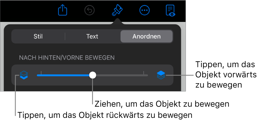 Die Taste für zurück, die Taste für vorwärts und Regler für Ebenen