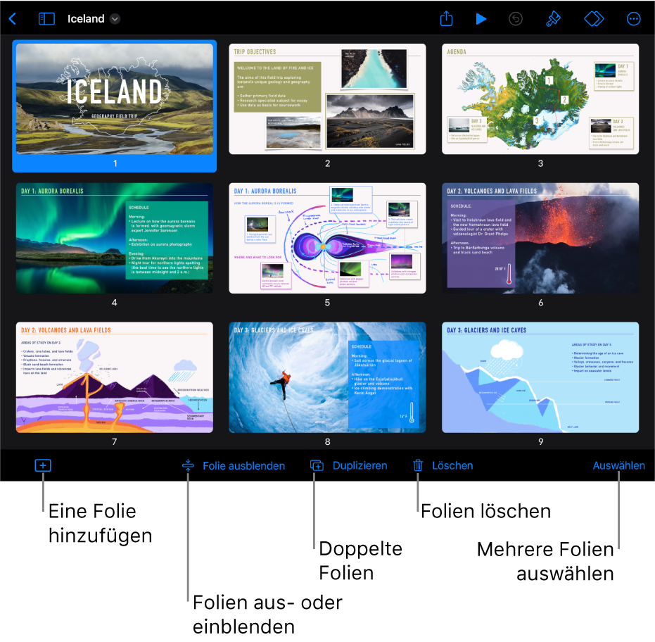 Die Leuchttischdarstellung mit Tasten zum Hinzufügen, Überspringen, Duplizieren und Löschen von Folien und Auswählen von mehreren Folien unten auf dem Bildschirm.