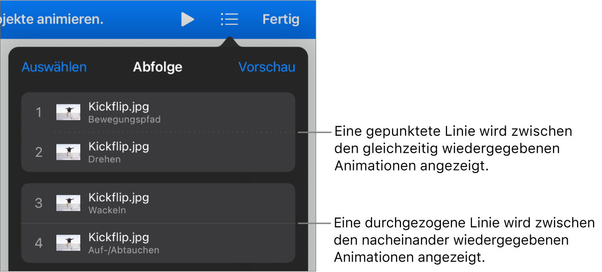 Das Menü „Abfolge“ mit einer gepunkteten Linie zwischen Animationen, die gleichzeitig abgespielt werden, und einer durchgezogenen Linie zwischen Animationen, die nacheinander abgespielt werden.