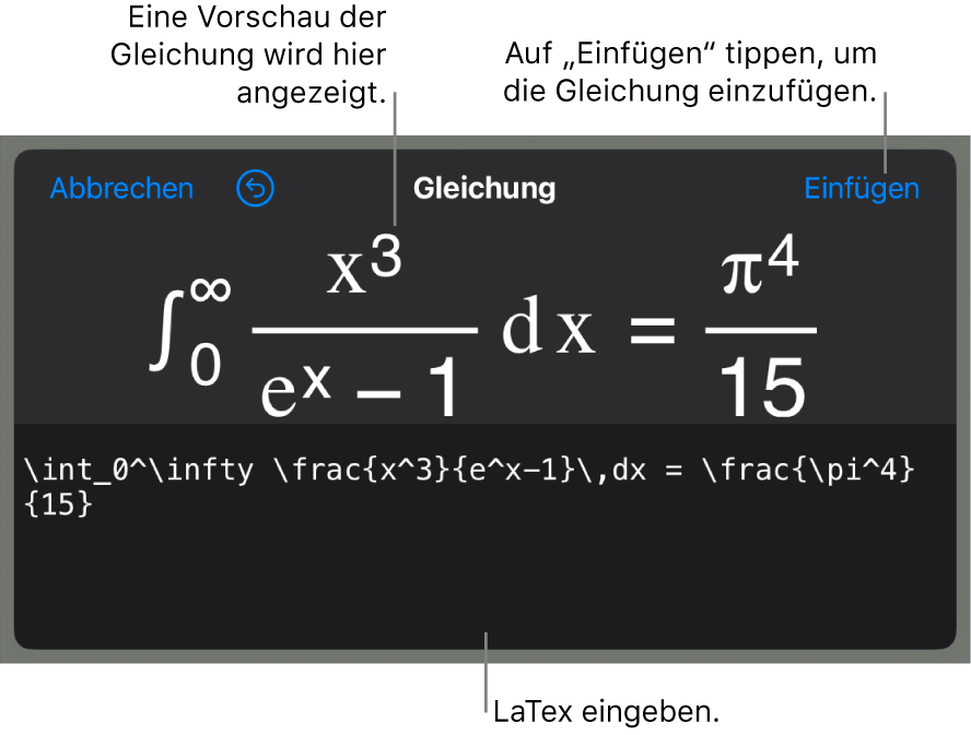 Im Dialogfenster „Gleichung“ wird eine Gleichung angezeigt, die mit LaTex-Befehlen geschrieben wurde, darüber wird eine Vorschau der Formel angezeigt.