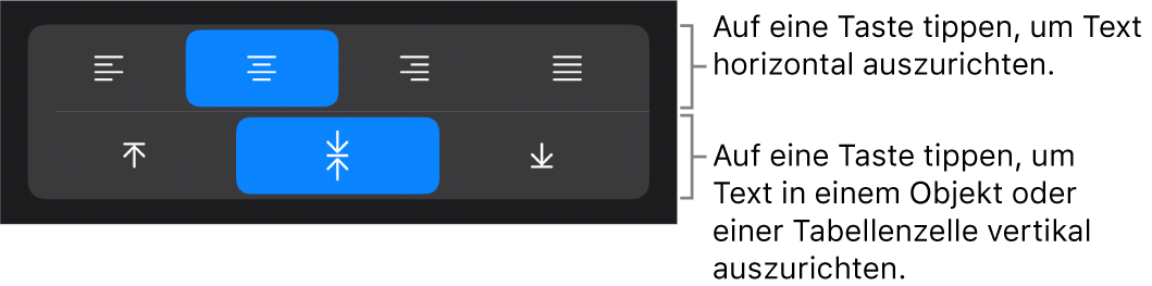 Horizontale und vertikale Ausrichtungstasten für Text