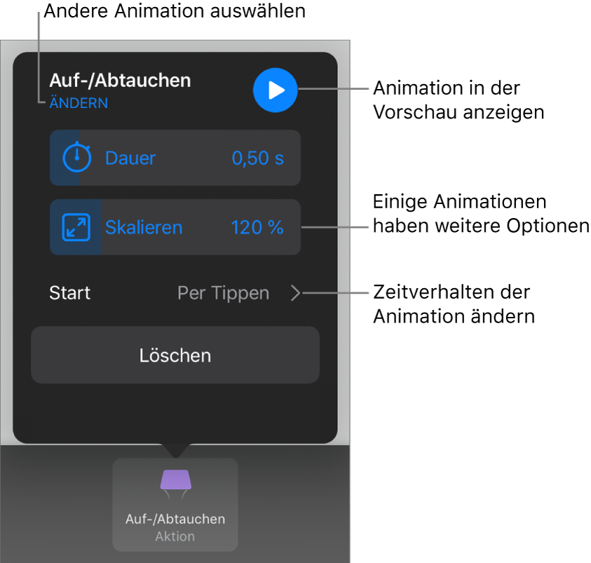 Animationsoptionen wie „Dauer“ und „Start“. Tippe auf „Ändern“, um eine andere Animation zu wählen, oder tippe auf „Vorschau“, um eine Vorschau der Animation anzuzeigen.