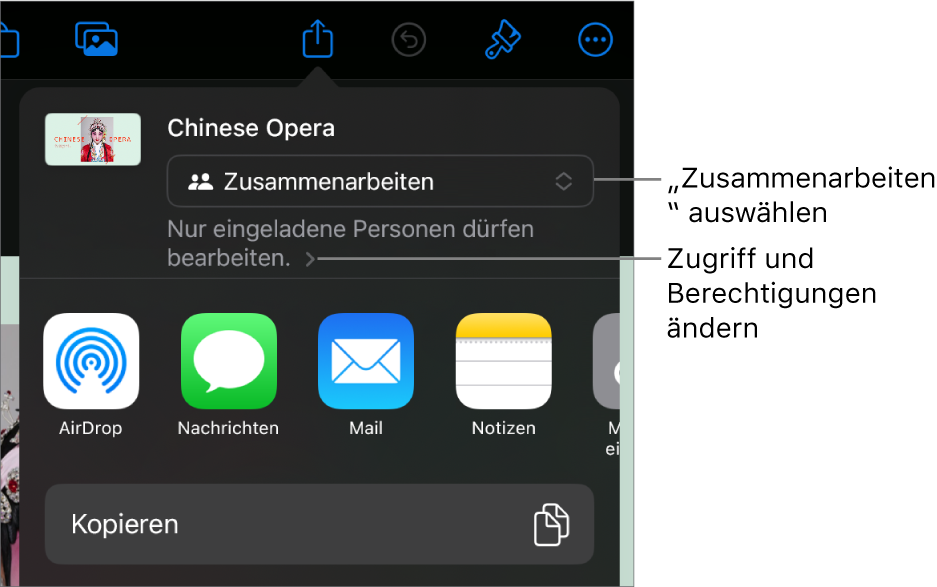 Im Menü „Teilen“ ist „Zusammenarbeiten“ oben ausgewählt und die Einstellungen für Zugriff und Berechtigungen befinden sich darunter.