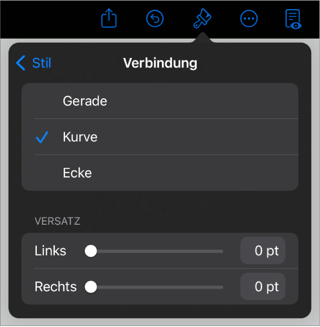 Die Steuerelemente im Abschnitt „Verbindung“ mit dem ausgewählten Element „Kurve“.