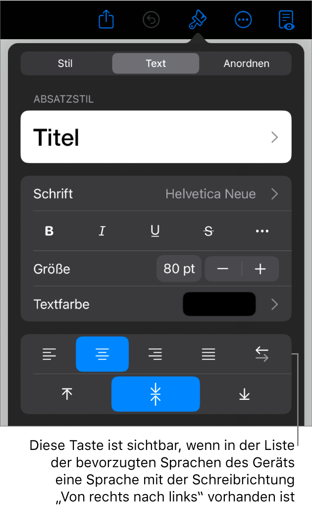 Die Textsteuerelemente im Menü „Format“ mit einer Beschreibung der Taste „Von rechts nach links“.