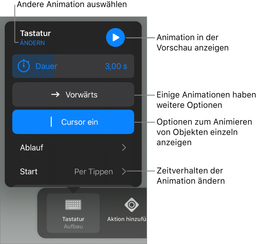 Animationsoptionen wie „Dauer“, „Ablauf“ und „Start“. Tippe auf „Ändern“, um eine andere Animation zu wählen, oder tippe auf „Vorschau“, um eine Vorschau der Animation anzuzeigen.