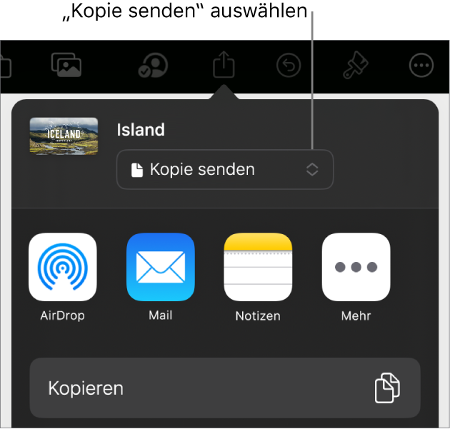 Das Menü „Teilen“, in dem „Kopie senden“ oben ausgewählt ist.