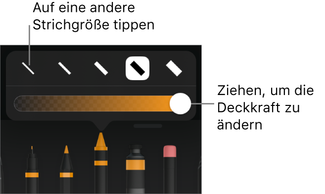 Steuerelemente zum Auswählen einer Strichstärke und ein Schieberegler zum Anpassen der Deckkraft