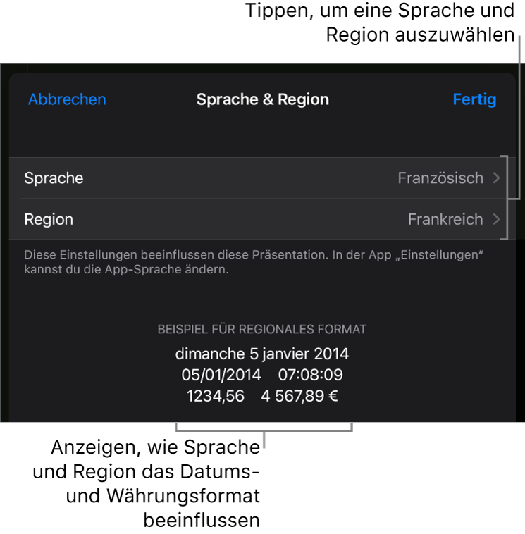 Das Fenster „Sprache & Region“ mit Einblendmenüs für Sprache und Region sowie einem Formatierungsbeispiel für Datum, Uhrzeit, Dezimalstellen und Währung.