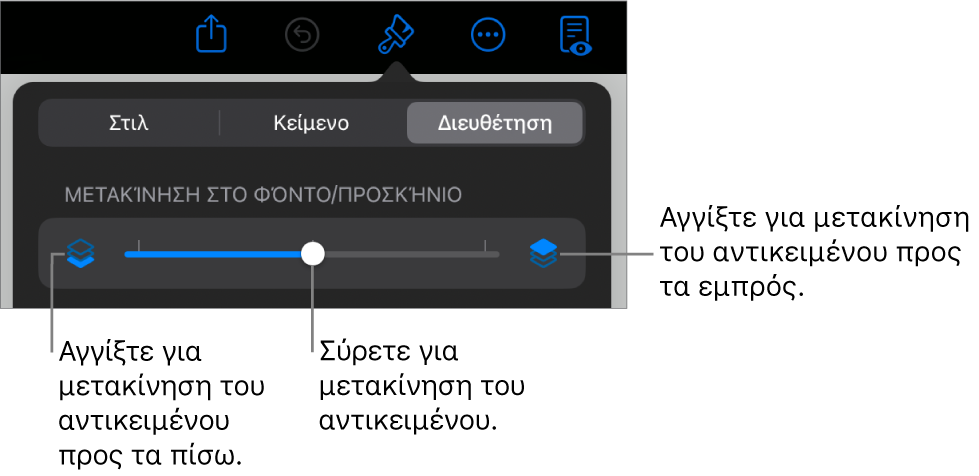 Το κουμπί Μετακίνησης προς τα πίσω, το κουμπί Μετακίνησης προς τα εμπρός, και το ρυθμιστικό διαστρωμάτωσης.