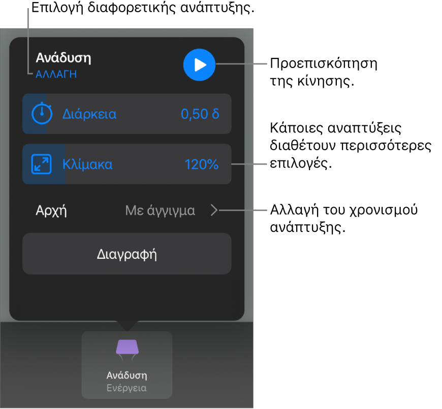 Οι επιλογές ανάπτυξης περιλαμβάνουν τη Διάρκεια και τον χρόνο Έναρξης. Αγγίξτε «Αλλαγή» για να επιλέξετε μια διαφορετική ανάπτυξη ή αγγίξτε «Θέαση» για να δείτε σε προεπισκόπηση την ανάπτυξη.